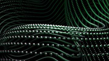 Curved 3d lines of dots move on black background. Design. Dots move in curved volumetric flow. Point flow with 3d effect and geometric curves in dark space video