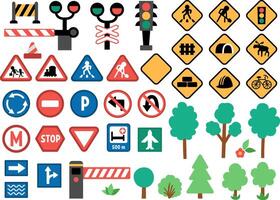 road signs set. Railway and traffic street icons collection with barrier, semaphore, construction works cone. Cute highway rules clipart with trees, traffic lights vector