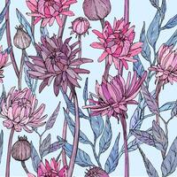 Seamless pattern with hand drawn gerbera flowers and brunchs. vector