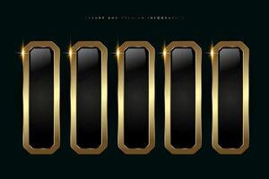 Collection of 5 Luxury infographic buttons , illustration, Five luxury stoked buttons in template, and shiny gold optionand Premium button on a dark background vector