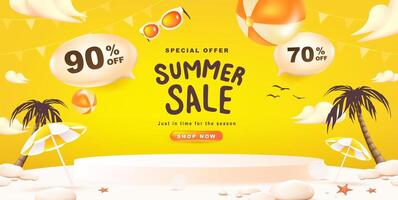 Summer sale banner poster with podium display and summer beach sunset scene design background vector