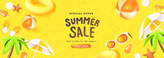 Summer sale banner tropical beach vibes yellow background with beach decoration and summer time hand draw icon background pattern vector
