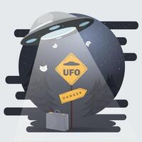 A flat illustration of a UFO hovering over a warning road sign and a suitcase vector