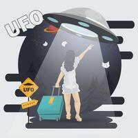 Flat illustration of a girl in a white dress with a suitcase on wheels voting for a passing UFO in the night forest vector