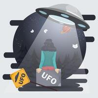A flat illustration of a girl sitting on a suitcase and waiting to land in a passing UFO in the night forest vector