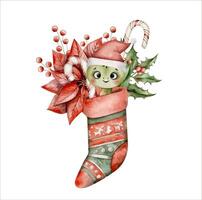 New Years Christmas hand drawn watercolor illustration with christmas sock, cute snake, caramel canes, poinsettia, holly branch and branch with berries. Year of the snake, cute cartoon snake vector