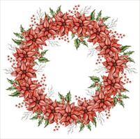 New Years Christmas hand drawn watercolor wreath of poinsettia, holly branch, branch of tree without leaves and branch with berries vector