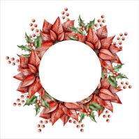 New Years Christmas hand drawn watercolor illustration with poinsettia, holly branch and branch with berries vector