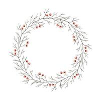 New Years Christmas hand drawn watercolor wreath of branch of tree without leaves and branch with berries vector
