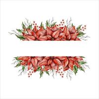 New Years Christmas hand drawn watercolor illustration with poinsettia, holly branch, branch of tree without leaves and branch with berries vector