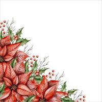 New Years Christmas hand drawn watercolor illustration with poinsettia, holly branch, branch of tree without leaves and branch with berries vector