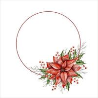 New Years Christmas hand drawn watercolor illustration with circle, poinsettia, holly branch, branch of tree without leaves and branch with berries vector
