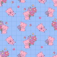 Seamless pattern with cute pigs. Smiling piggy with bouquet flowers on blue checkered background with butterflies and hearts. Festive funny kawaii animal character vector