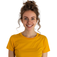 A happy woman wearing a color t-shirt, smiling brightly, isolated on a transparent background png
