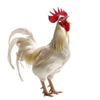 A majestic white rooster crowing with its beak open wide, isolated on a transparent background png