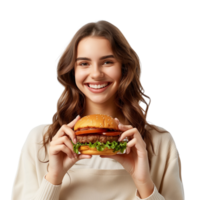 A smiling woman holding a burger with both hands, isolated on a transparent background png
