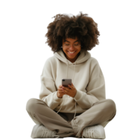A woman sits on the floor, joyfully watching her smartphone, isolated on a transparent background png