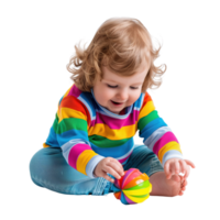 A young child playing with a colorful toy, captured in a moment of joy and curiosity, isolated on a transparent background png