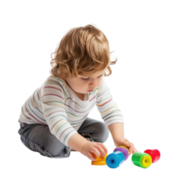 A young child playing with a colorful toy, captured in a moment of joy and curiosity, isolated on a transparent background png