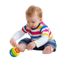 un joven niño jugando con un vistoso juguete, capturado en un momento de alegría y curiosidad, aislado en un transparente antecedentes png