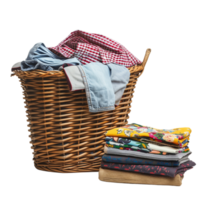 A wicker laundry basket overflowing with clean clothes, next to a stack of freshly laundered and folded garments isolated on a transparent background png