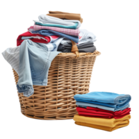A wicker laundry basket overflowing with clean clothes, next to a stack of freshly laundered and folded garments isolated on a transparent background png