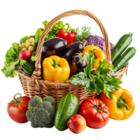 un' di vimini cestino traboccante con un assortimento di vivace biologico verdure e frutta, isolato su un' trasparente sfondo png