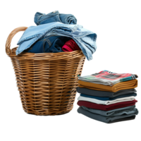 A wicker laundry basket overflowing with clean clothes, next to a stack of freshly laundered and folded garments isolated on a transparent background png
