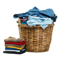 A wicker laundry basket overflowing with clean clothes, next to a stack of freshly laundered and folded garments isolated on a transparent background png