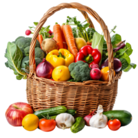 A wicker basket overflowing with an assortment of vibrant organic vegetables and fruits, isolated on a transparent background png
