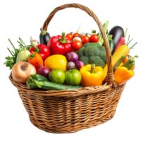 A wicker basket overflowing with an assortment of vibrant organic vegetables and fruits, isolated on a transparent background png