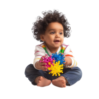 A young child playing with a colorful toy, captured in a moment of joy and curiosity, isolated on a transparent background png