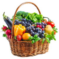 A wicker basket overflowing with an assortment of vibrant organic vegetables and fruits, isolated on a transparent background png
