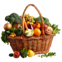 A wicker basket overflowing with an assortment of vibrant organic vegetables and fruits, isolated on a transparent background png