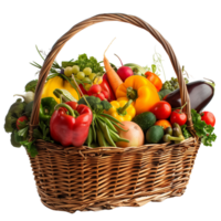 A wicker basket overflowing with an assortment of vibrant organic vegetables and fruits, isolated on a transparent background png