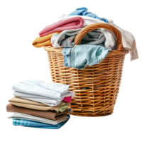 A wicker laundry basket overflowing with clean clothes, next to a stack of freshly laundered and folded garments isolated on a transparent background png