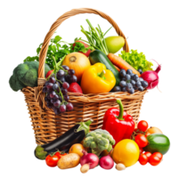 A wicker basket overflowing with an assortment of vibrant organic vegetables and fruits, isolated on a transparent background png