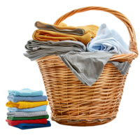 A wicker laundry basket overflowing with clean clothes, next to a stack of freshly laundered and folded garments isolated on a transparent background png