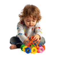 A young child playing with a colorful toy, captured in a moment of joy and curiosity, isolated on a transparent background png
