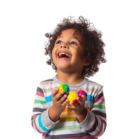 un joven niño jugando con un vistoso juguete, capturado en un momento de alegría y curiosidad, aislado en un transparente antecedentes png