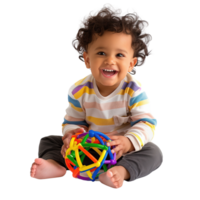 une Jeune enfant en jouant avec une coloré jouet, capturé dans une moment de joie et curiosité, isolé sur une transparent Contexte png