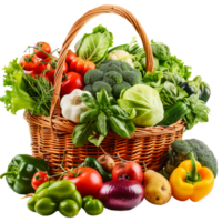 un' di vimini cestino traboccante con un assortimento di vivace biologico verdure e frutta, isolato su un' trasparente sfondo png