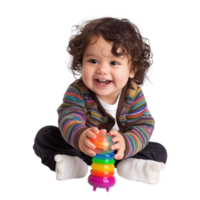 A young child playing with a colorful toy, captured in a moment of joy and curiosity, isolated on a transparent background png