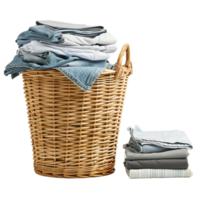 A wicker laundry basket overflowing with clean clothes, next to a stack of freshly laundered and folded garments isolated on a transparent background png