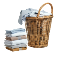 A wicker laundry basket overflowing with clean clothes, next to a stack of freshly laundered and folded garments isolated on a transparent background png