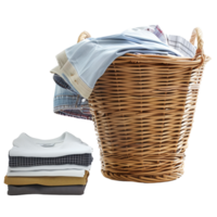 A wicker laundry basket overflowing with clean clothes, next to a stack of freshly laundered and folded garments isolated on a transparent background png