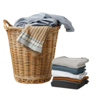 A wicker laundry basket overflowing with clean clothes, next to a stack of freshly laundered and folded garments isolated on a transparent background png