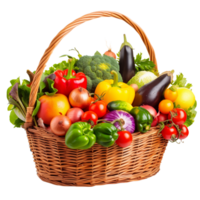 A wicker basket overflowing with an assortment of vibrant organic vegetables and fruits, isolated on a transparent background png