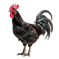 Black rooster with glossy feathers and a prominent red comb isolated on a transparent background png