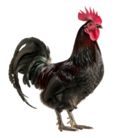 Black rooster with glossy feathers and a prominent red comb isolated on a transparent background png